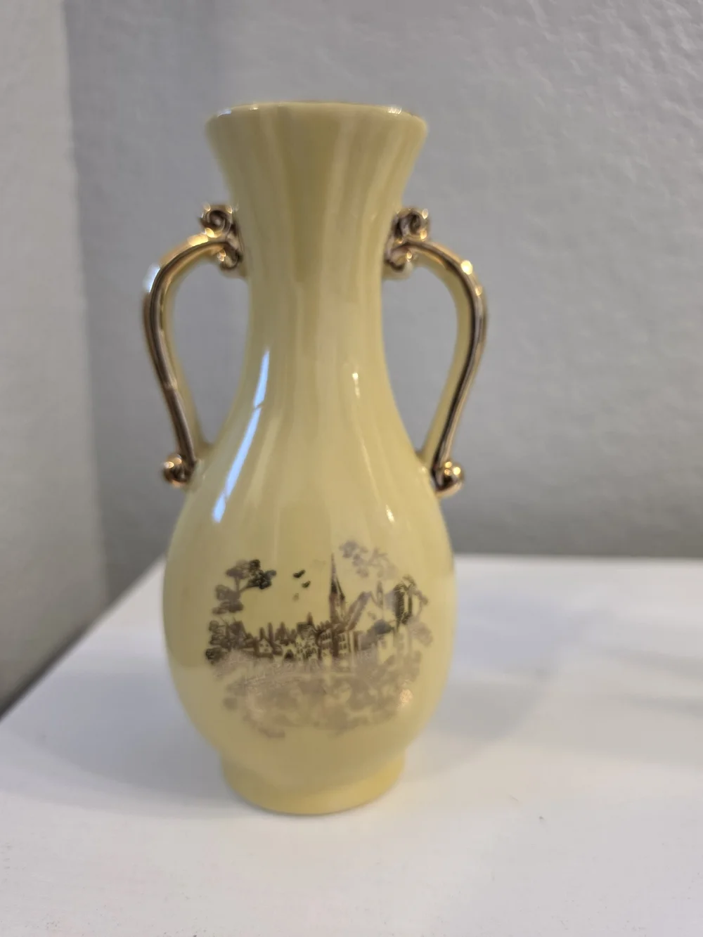 Vintage MCM Yellow Decorative Porcelain Vase with Gold Handles